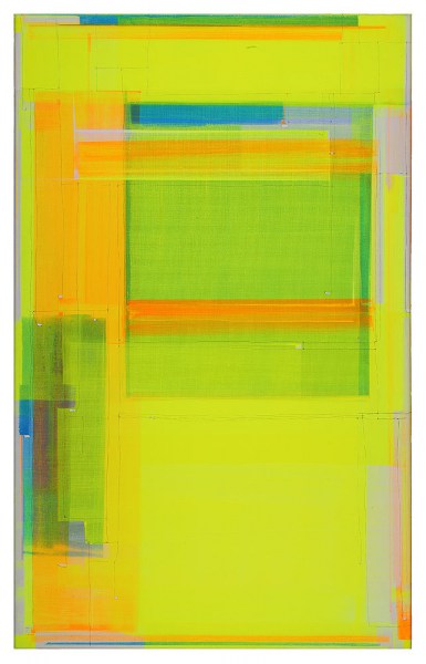 1-Diffusierter Farbraum, Bild mit grün gelb und blau,   Marius D. Kettler, Acry lBleistift LWD  2019